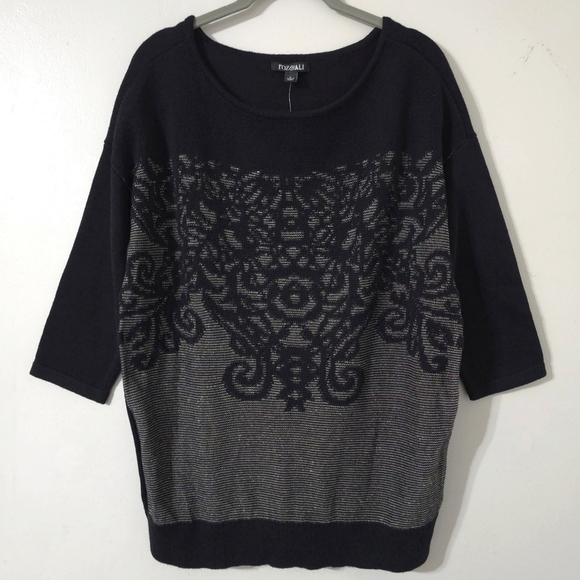 ROZ & ALI Half Sleeve Black Knit Sweater Blouse Metallic Jaquard Filagree Front - Picture 2 of 14